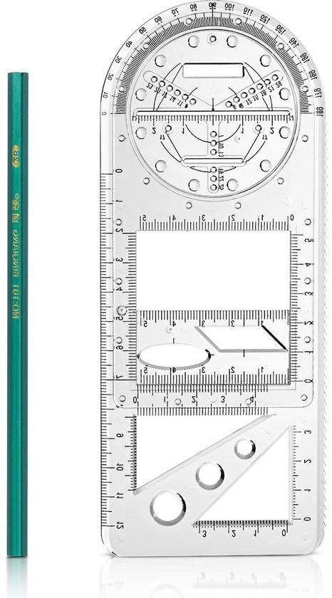 Liniaal multifunzionale geometrico con strumento di misura di segni, modello di misura, lunghezza di liniaal in plastica, arco mobile in grado, liniaal piccolo, matita gratuita, attrezzature scolastiche e ufficio