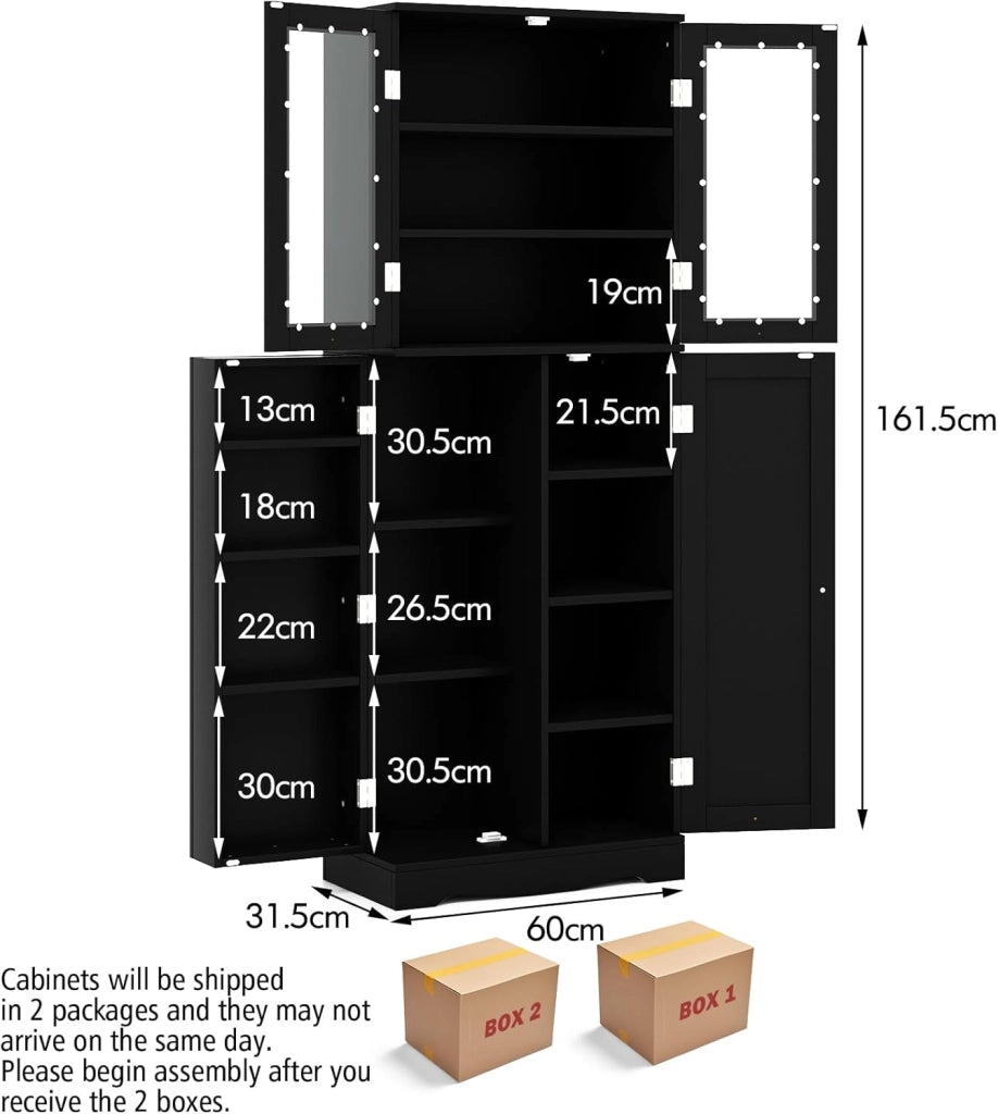 Credenza da Cucina con Anta Multi-Stoccaggio, Mobile Cucina Dispensa con Dispositivo Antiribaltamento, Armadio di Stoccaggio, 60 x 31,5 x 161,5 cm, per Soggiorno, Sala da Pranzo (Nero)