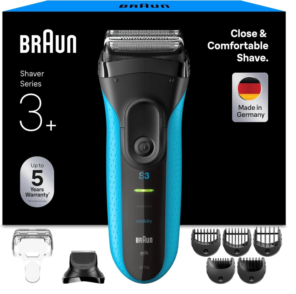 Braun Rasoio elettrico serie 3+, 3 lame flessibili, micropettine efficiente, accessorio per regolabarba, +5 pettini, rasoio da uomo bagnato e asciutto, prodotto in Germania, 3010BT, blu