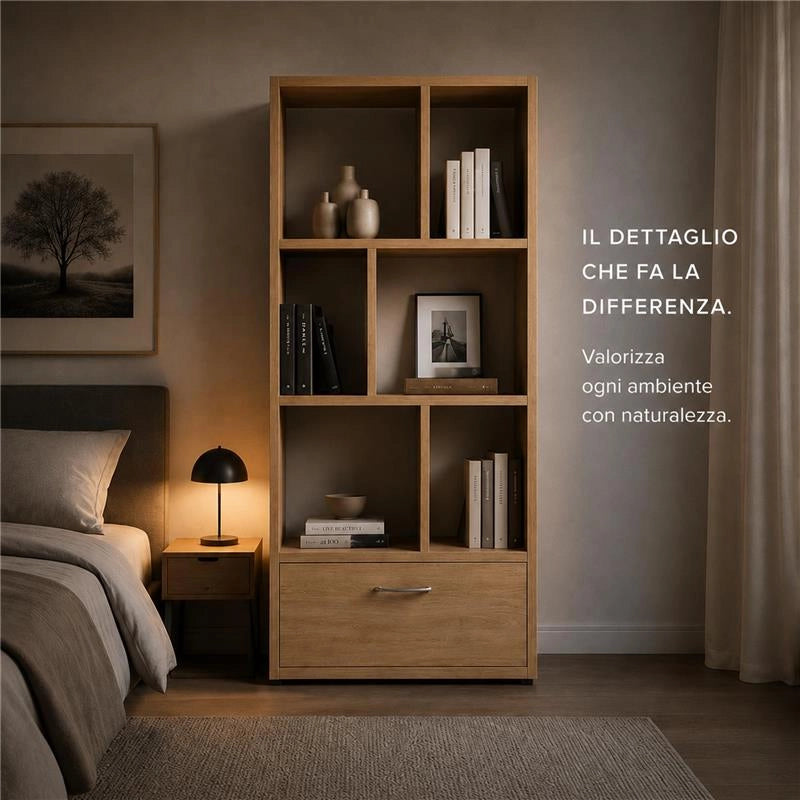 LIBRERIA IN MDF ROVERE CON RIPIANI SFALSATI E CASSETTONE MISURE: 70X24X140 CM
