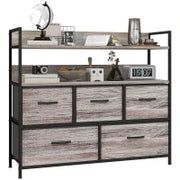 Comò 5 Cassetti in Tessuto Piegevoli e Rimovibili, con Ripiani, in Stile Industriale, 98l x 29P x 85H cm, Grigio