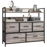 Comò 5 Cassetti in Tessuto Piegevoli e Rimovibili, con Ripiani, in Stile Industriale, 98l x 29P x 85H cm, Grigio
