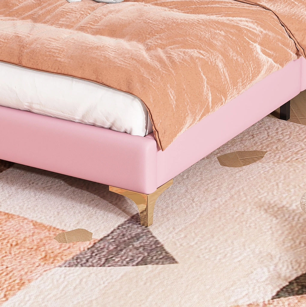Letto singolo imbottito ULEVR 90x200 cm con LED multicolore, testiera ondulata e fiocco rosa, PU bianco e rosa