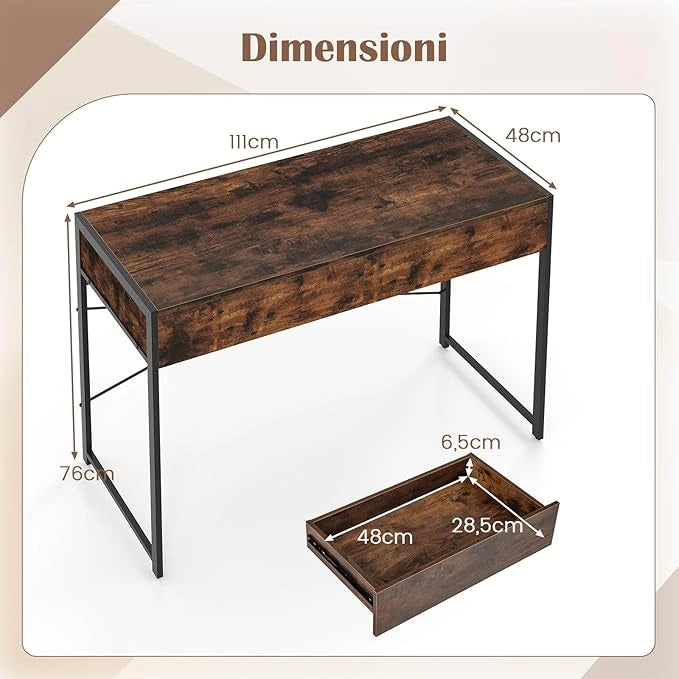 Scrivania con 2 Cassetti, Scrivania per Computer con Robusto Telaio in Metallo e Kit di Anti-ribaltamento, Postazione di Lavoro Multiuso per Camera da Letto, Ufficio e Casa