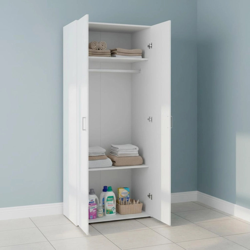Armadietto Multiuso Con 2 Ante Battenti Mobile Salvaspazio Design Moderno Con Vano Barra Appendiabiti E Ripiani Per Camera Da Letto Ingresso Lavanderia 77.6 X 49.52 X 175.4 Cm Bianco