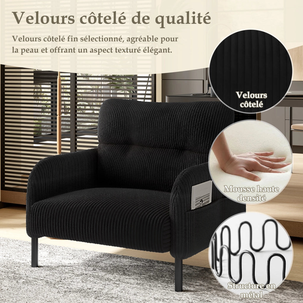 Poltrona con Tasca Laterale e Schienale Ergonomico; Seduta Profonda; in Velluto a Coste Nero
