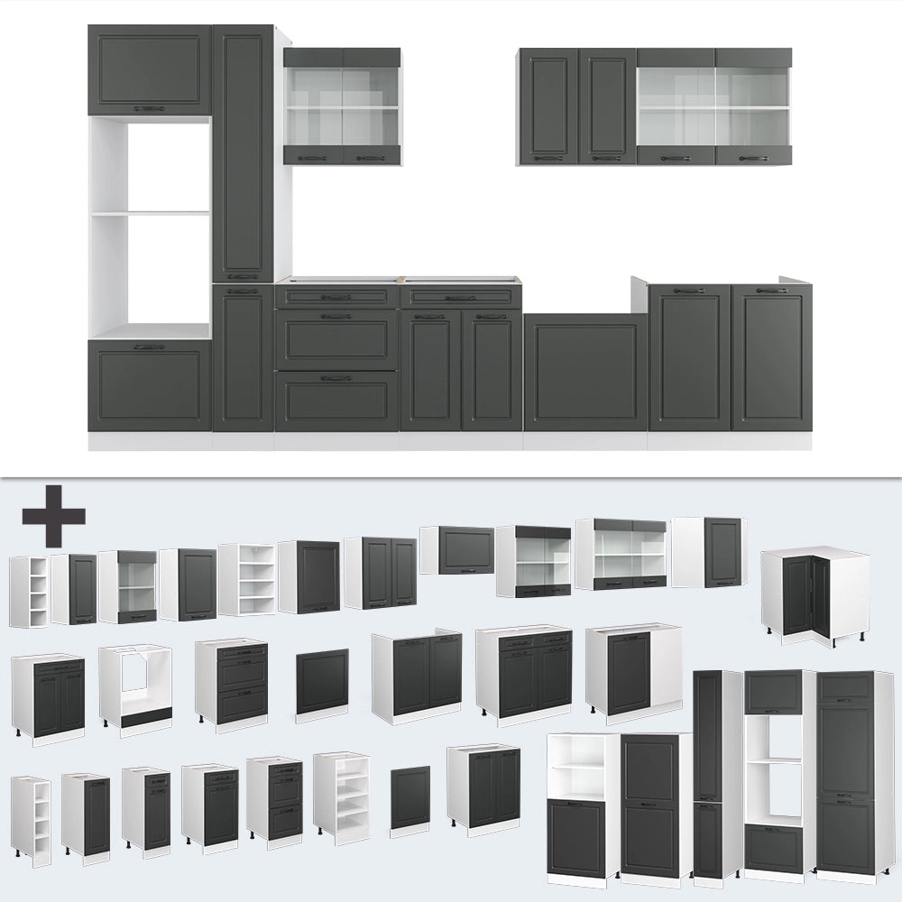 Mobile da cucina R-Line Antracite rustico/Bianco 350 cm con armadio alto, PL Rovere Vicco