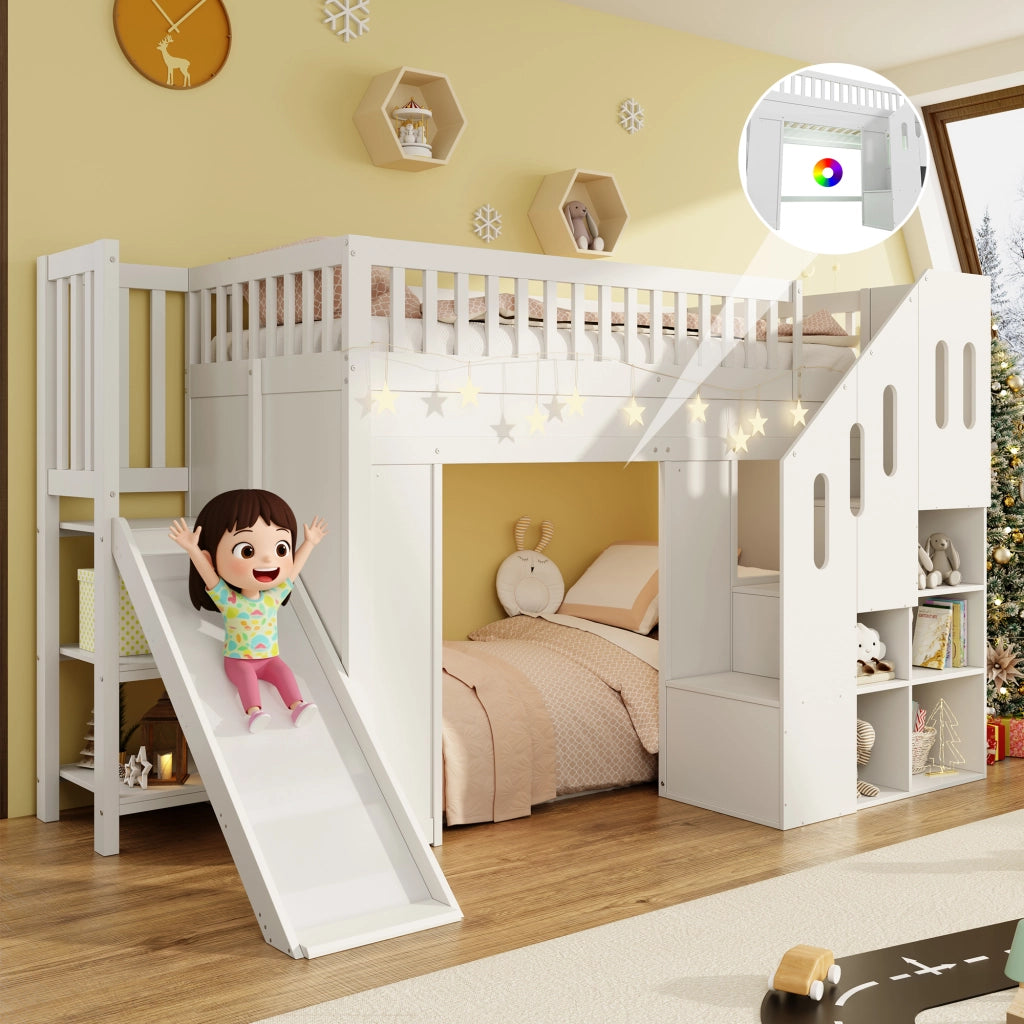 LETTO A CASTELLO 90x200 cm con scivolo, scala contenitore, bianco