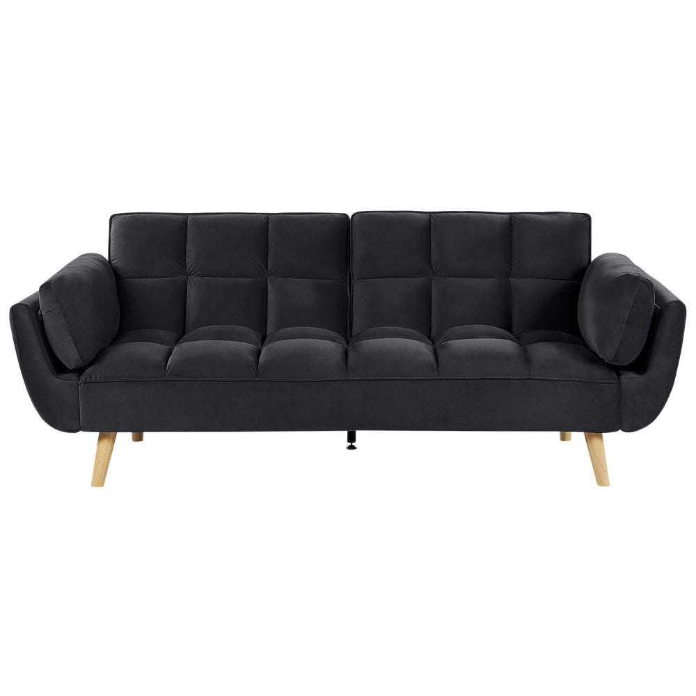 Divano Letto Tessuto Velluto Nero 3 Posti Gambe In Legno Imbottitura In Schiuma Imbottitura Biscuit Schienale Diviso