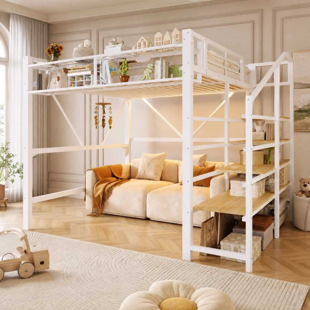 LETTO a soppalco 140x200 cm in metallo e MDF bianco con ripiani laterali