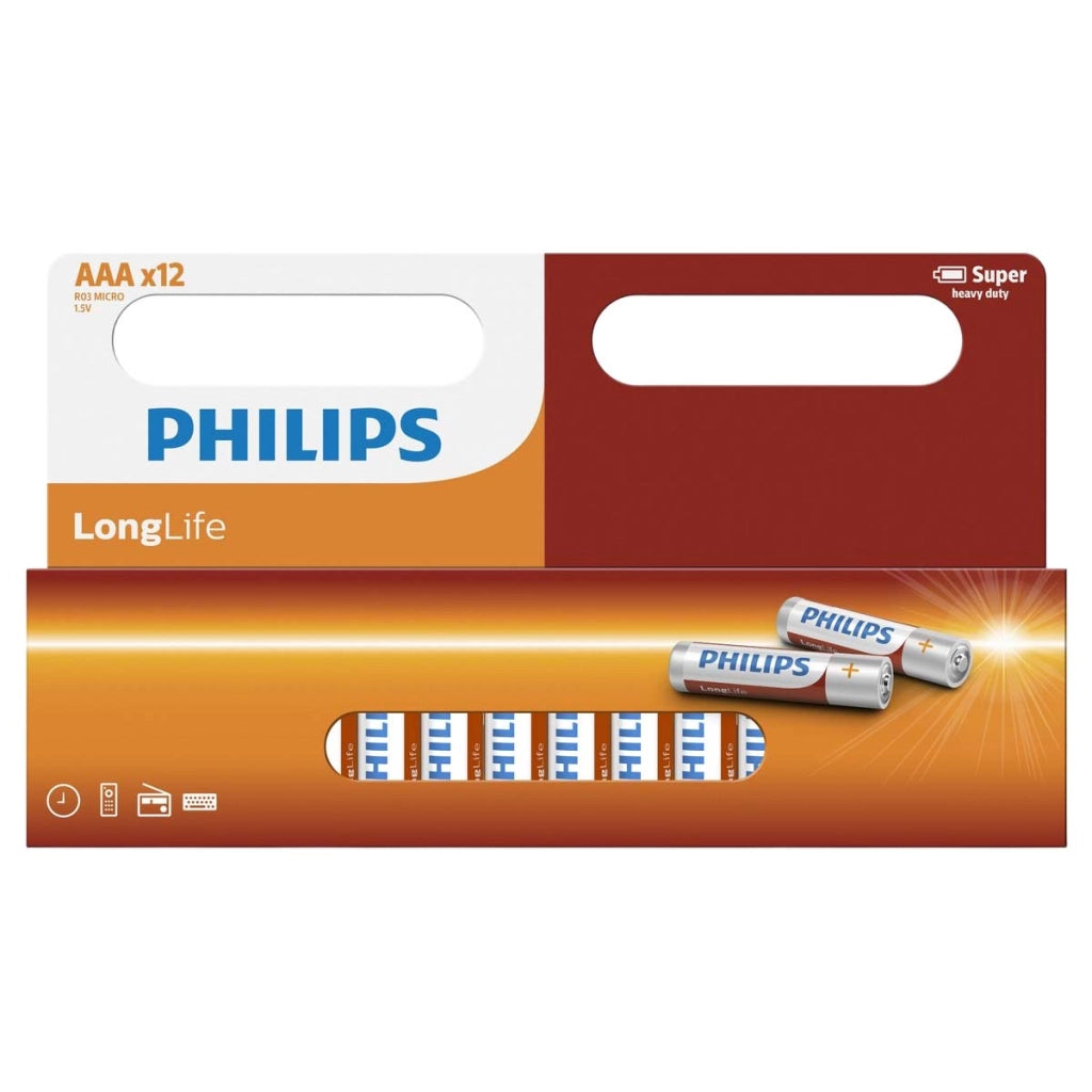 Confezione 12 Pile R03 1.5V Zinco AAA Modello LongLife Ultra Resistente Bianco / Blu Philips