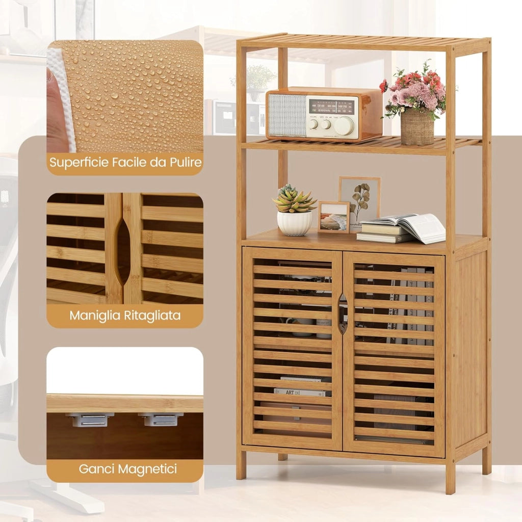 Scaffale in Bambù con Ante, Libreria a 4 Ripiani con Mensole Aperte e Armadio con Persiane, Organizzatore di Stoccaggio per Soggiorno Studio Cucina, 60 x 33 x 116 cm