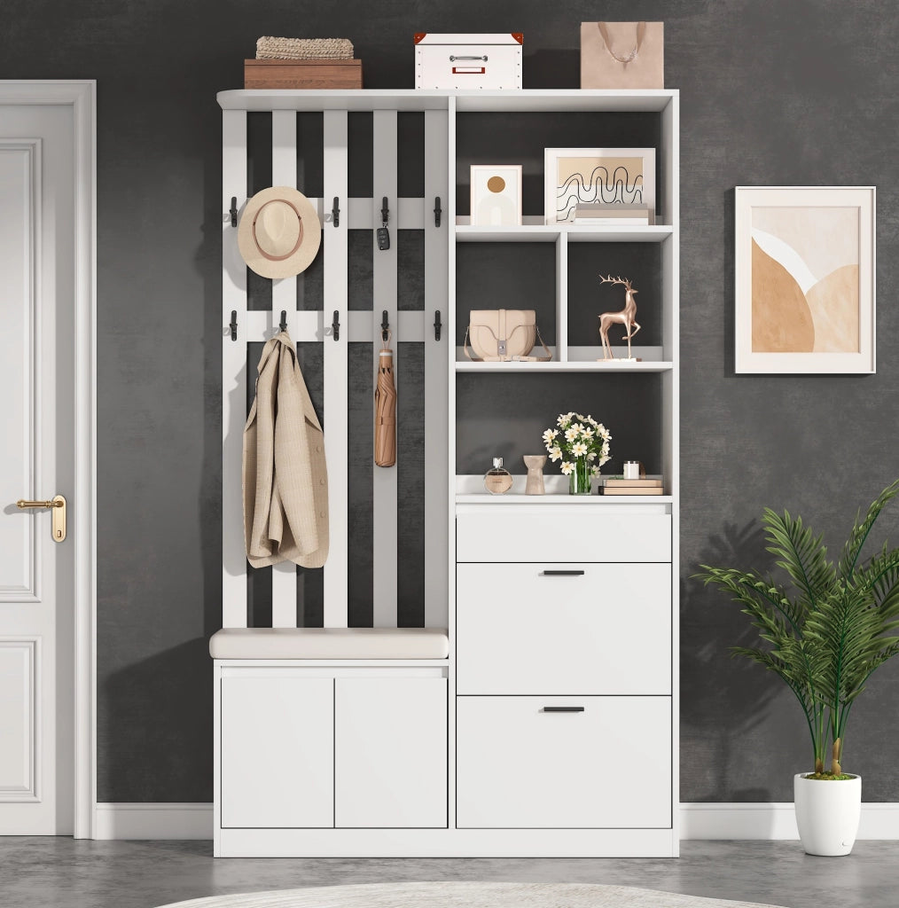 Guardaroba da ingresso 120x30x200 cm con panca imbottita e 10 ganci in MDF bianco