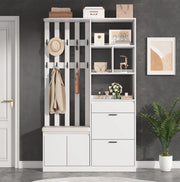 Guardaroba da ingresso 120x30x200 cm con panca imbottita e 10 ganci in MDF bianco