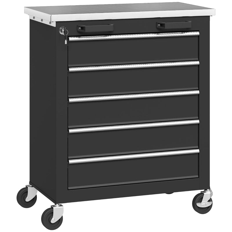 Mobile contenitore con 5 cassetti e piano in acciaio inox rinforzato con serratura centralizzata su ruote per officina e garage nero