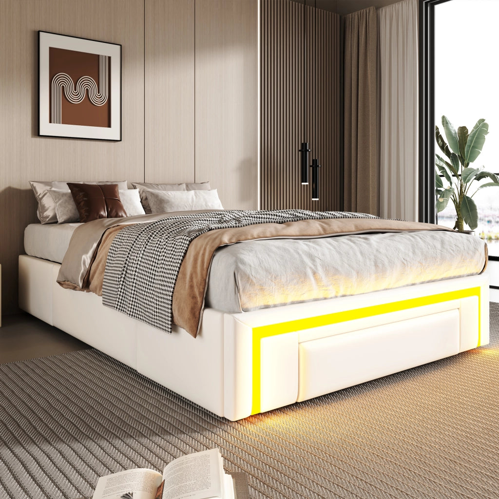 LETTO 90x200 cm senza testiera con cassetti, LED, PU bianco