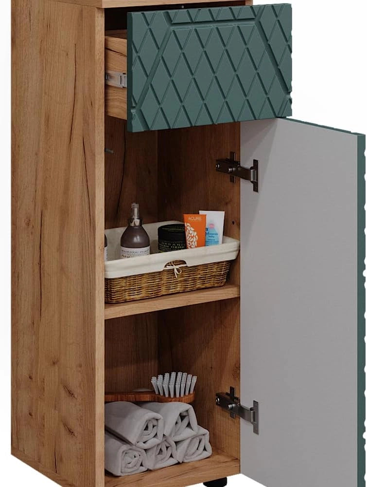 Mobile midi Irma, Quercia verde/oro, 30 x 81 cm con 1 cassetto, 2 scomparti, bagno, per la conservazione in bagno, abbinabile alla serie Irma