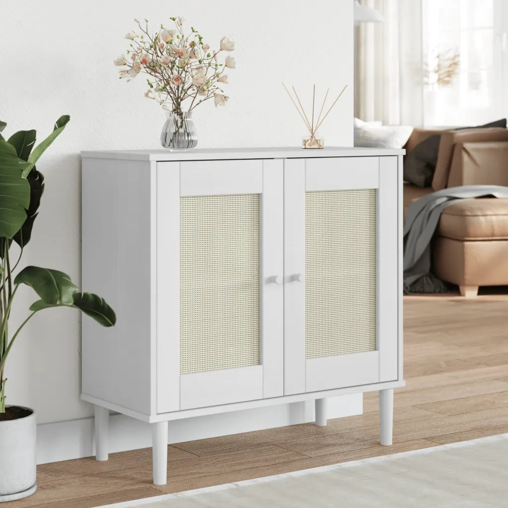 Credenza SENJA Aspetto Rattan Bianco 80x35x80 cm Massello Pino 358032