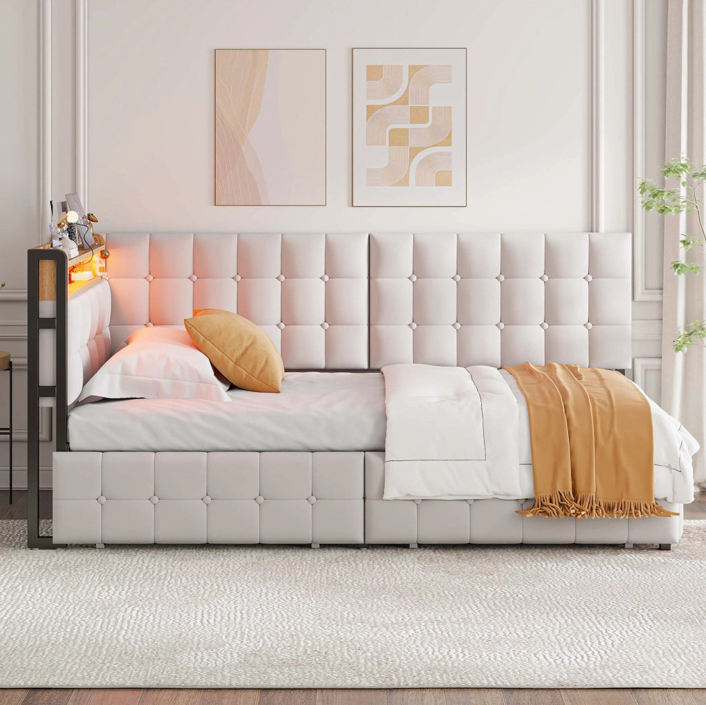 Divano letto 90x200 cm con 2 cassetti; LED e porte USB/Tipo-C in tessuto beige