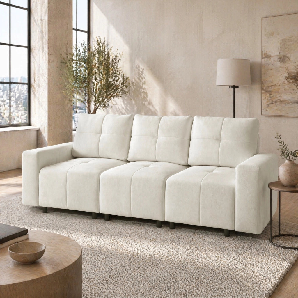 Divano modulare a 3 posti 213 cm con schienale regolabile e funzione letto, tessuto Chenille, beige bianco