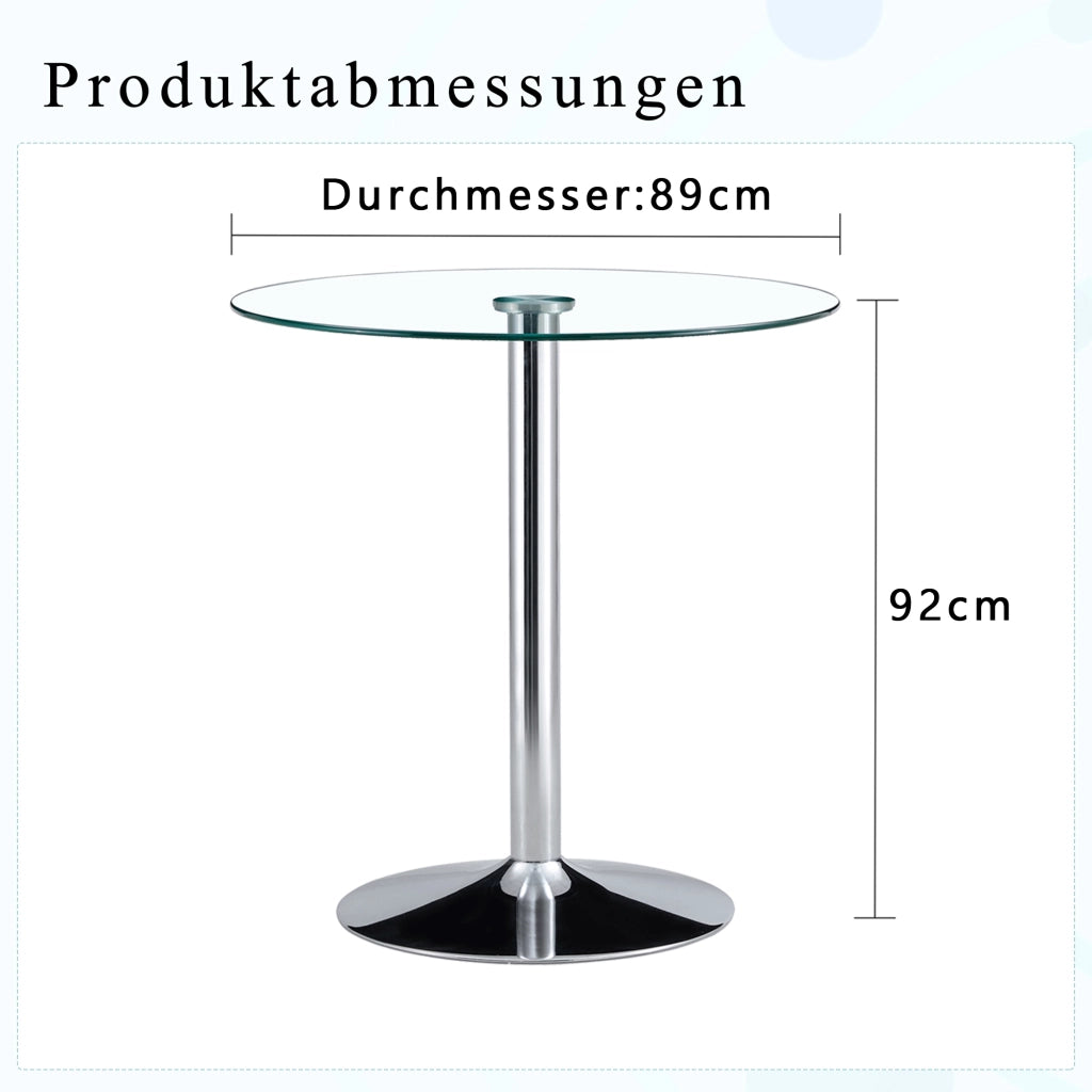 Tavolo da pranzo con piano rotondo in vetro e base in metallo per home bar e locali, argento, 89 × 89 × 92 cm