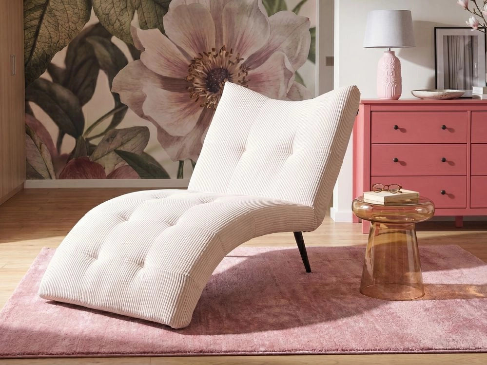 Chaise longue con rivestimento in velluto a coste bianco sporco trapuntatura a bottoni, senza braccioli, design moderno per soggiorno