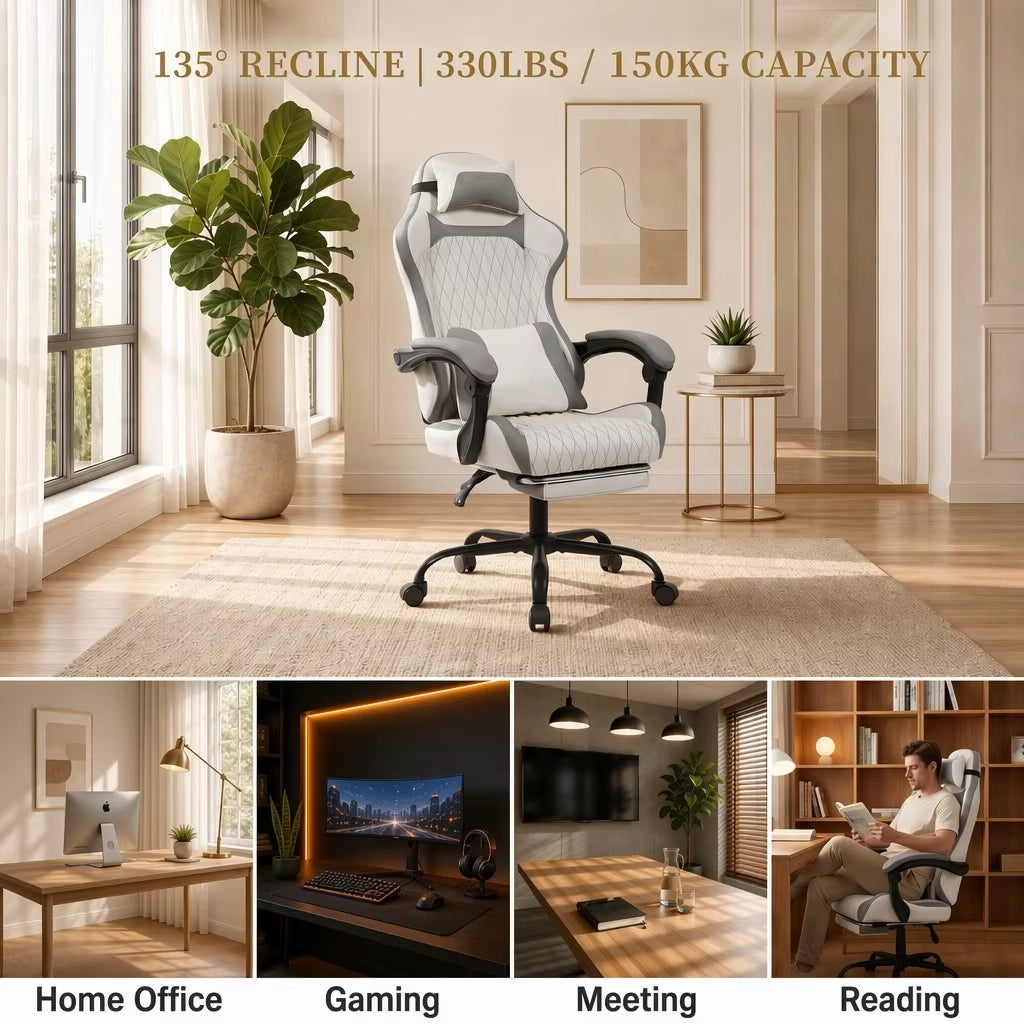 Sedia da gaming con schienale alto reclinabile e poggiapiedi, supporto lombare e braccioli imbottiti in PVC bianco e grigio
