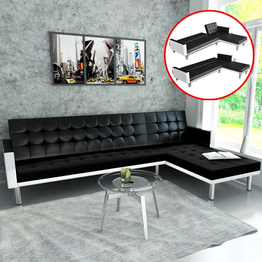 Divano Letto a L in Similpelle Nero 244328