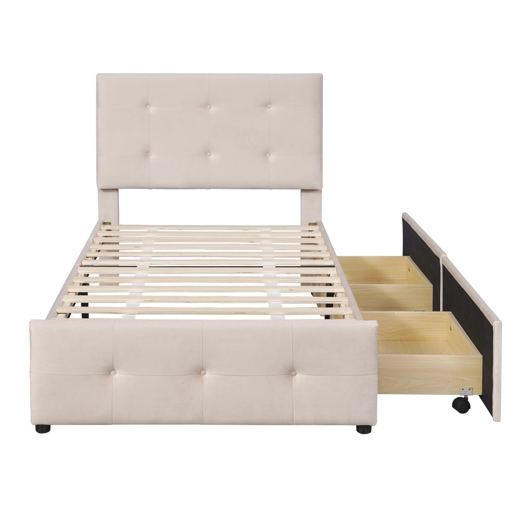 Letto singolo imbottito 90 x 200 cm con rete a doghe e cassetto beige