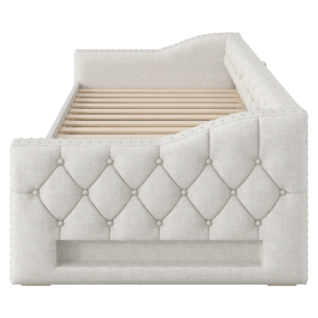LETTO Giorno 90x200 cm Beige con LED, letto estraibile e 3 cassetti