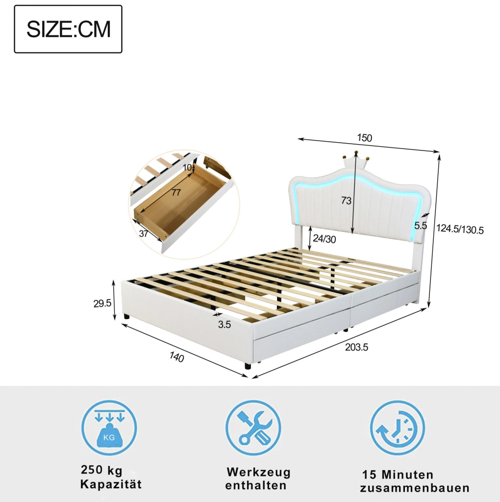 Letto per bambini imbottito 140x200 cm con contenitore; LED e testiera a conchiglia; bianco
