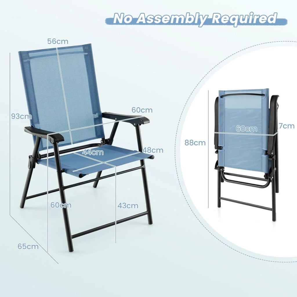 Set di 2 sedie da giardino pieghevoli, pieghevoli, con schienale alto e bracciolo, resistenti alle intemperie, in metallo e tessuto, portata fino a 150 kg (azzurro)