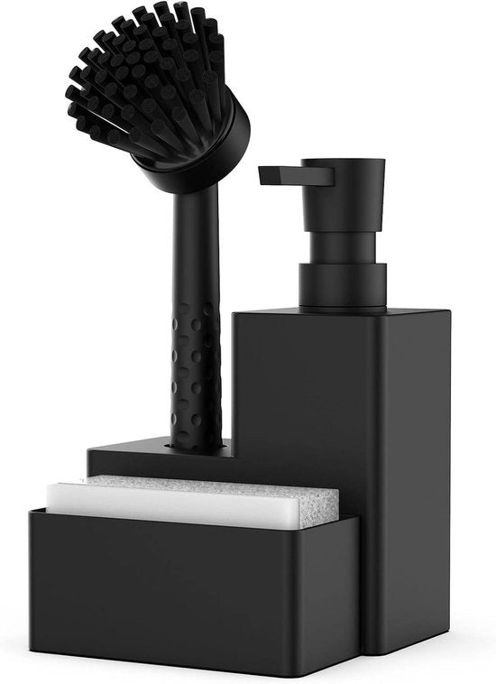 Dispensatore di sapone liquido con 400 ml - Saponetta e spazzola - Nero lucido - Accessorio da cucina