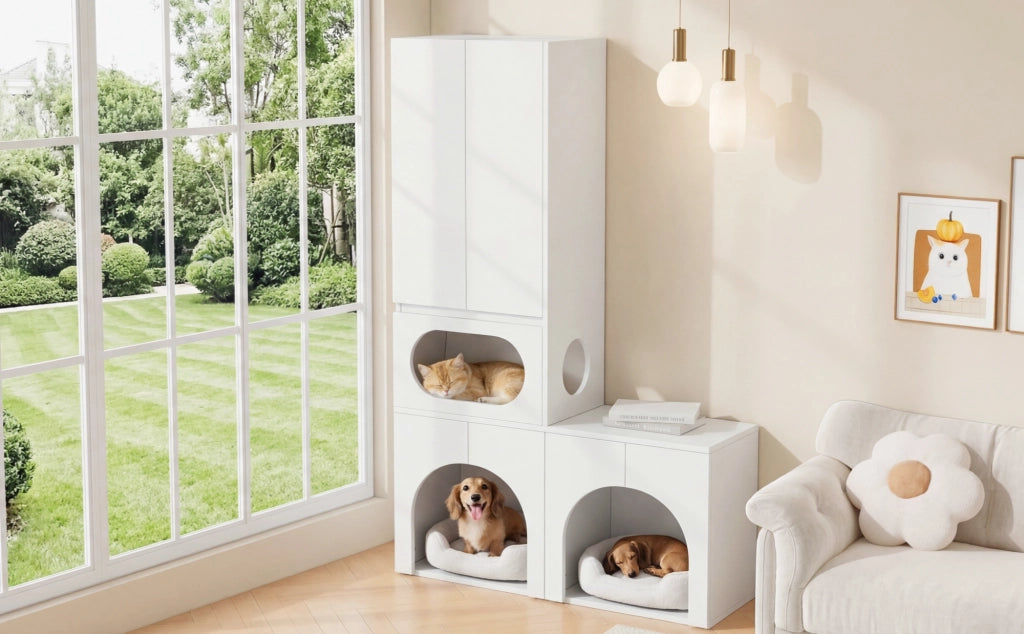 Mobile coperto per lettiera per gatti con 2 vani toilette, zona riposo e armadio, bianco, 140 × 45 × 195 cm