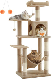Feandrea Albero per Gatti Alto 143 cm, Tiragraffi per Gatti, con 4 Pali Graffiatoi, 2 Posatoi, 1 Grotta, 1 Amaca, 2 Pompon, in Peluche a Più Livelli, Marrone Cammello PCT161K01