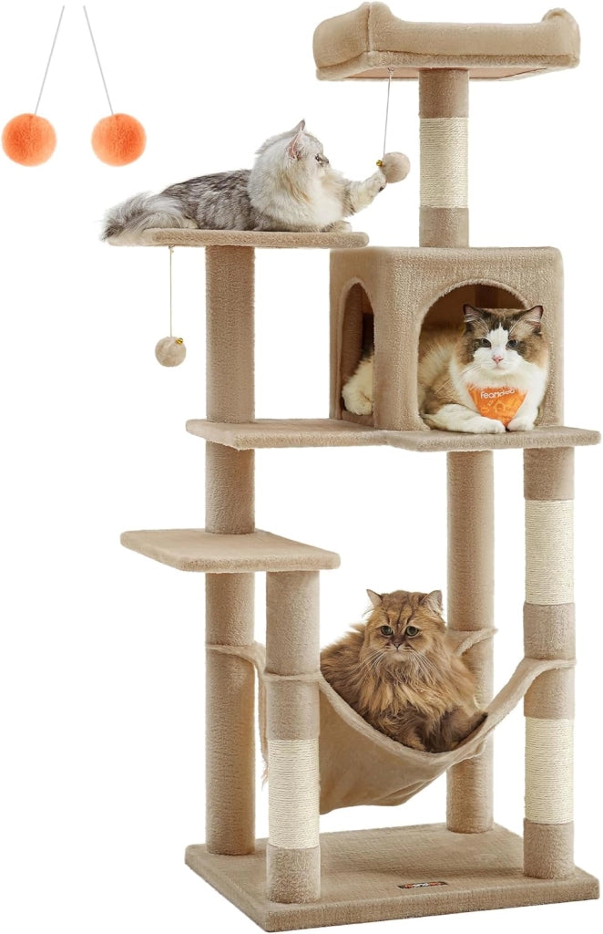 Feandrea Albero per Gatti Alto 143 cm, Tiragraffi per Gatti, con 4 Pali Graffiatoi, 2 Posatoi, 1 Grotta, 1 Amaca, 2 Pompon, in Peluche a Più Livelli, Marrone Cammello PCT161K01