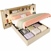 Letto contenitore matrimoniale 160 × 200 cm con LED; 2 lampade da lettura; USB e Type-C; senza materasso; beige