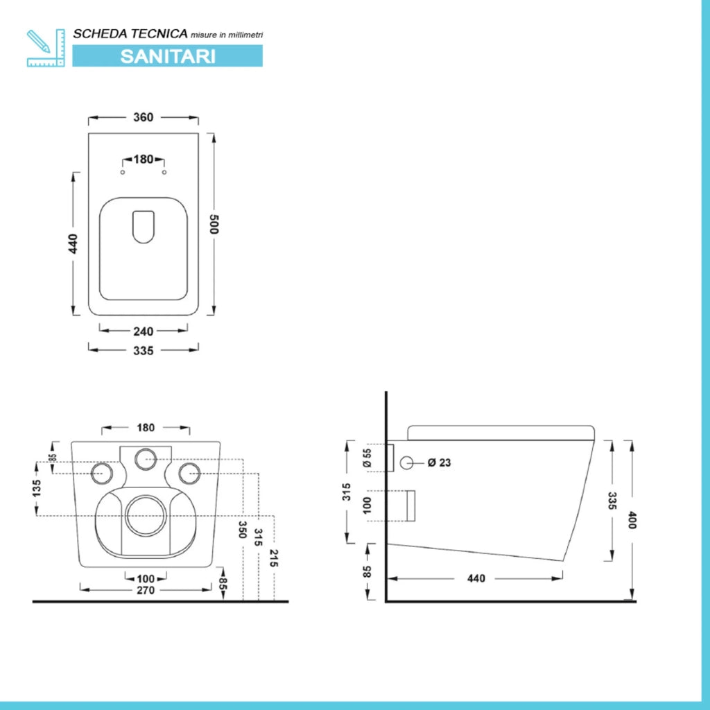 WC sospeso rimless bianco lucido in ceramica Linea Malaga