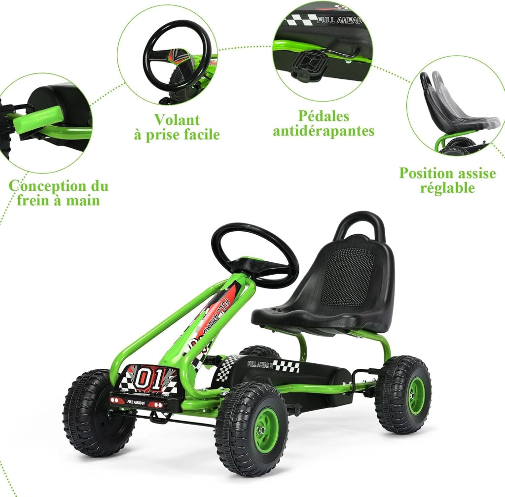 Go Kart a Pedali per Bambini, Macchina per Bambini con Sedili Regolabili in 2 Posizioni e 4 Ruote Antisdrucciolo, Trazione Anteriore e Posteriore, Carico 30 kg, per Bambini di 3 Anni + (Verde)