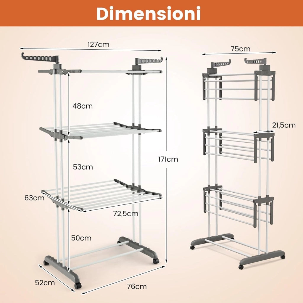 Stendibiancheria a Torre, Stendibiancheria Verticale Salvaspazio con Supporti per Grucce Girevoli e Piani Pieghevoli, Stendino Pieghevole con Ruote, 127x63x171cm (Grigio)