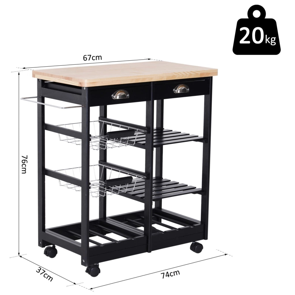 EasyComfort Carrello da Cucina Multiuso in Legno di Pino 74 x 37 x 75cm Nero
