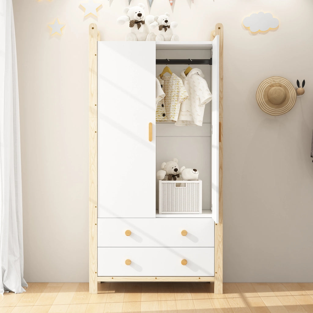 Armadio a 2 ante con barra appendiabiti e 2 cassetti, struttura salvaspazio 90x45x180 cm, bianco e naturale