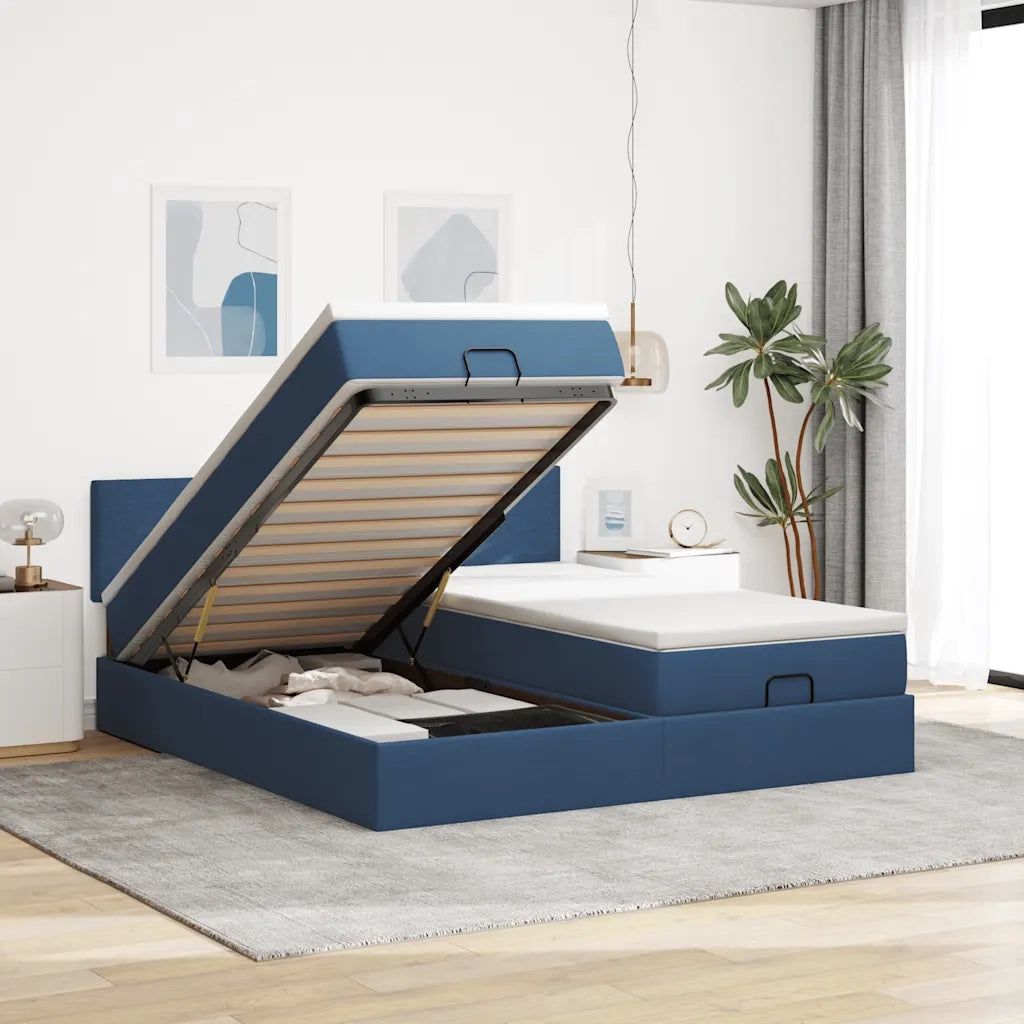 Struttura Letto Pouf con Materassi Blu 200x200 cm in Tessuto 3312835