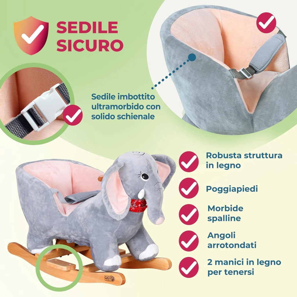 Elefante di Peluche a Dondolo in Legno con Suoni Cintura di Sicurezza Giochi Infanzia Bambini Giocattolo Regalo