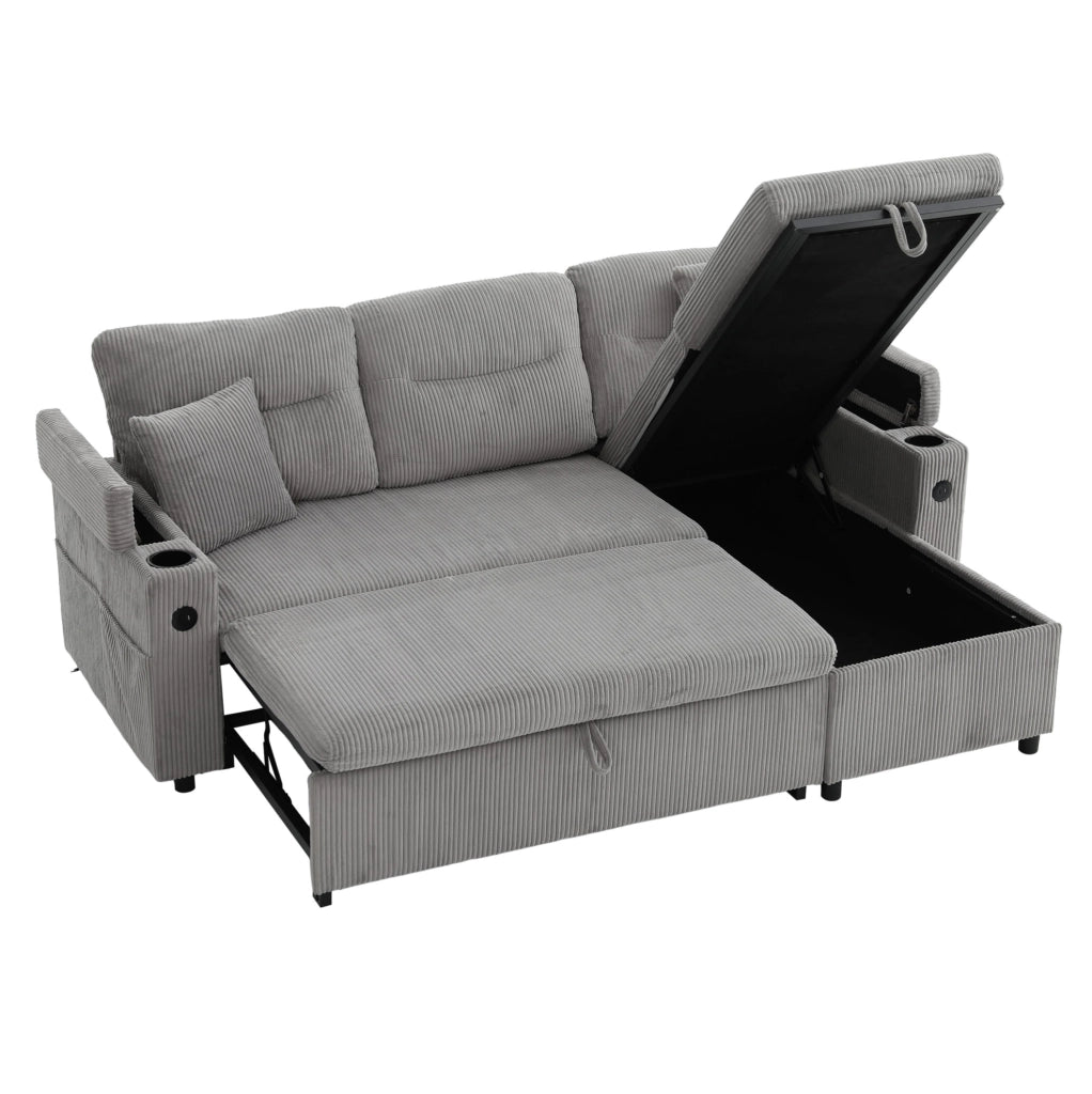 Divano letto 212.5x136x86 cm con chaise longue; letto estraibile e USB-C in corduroy grigio chiaro