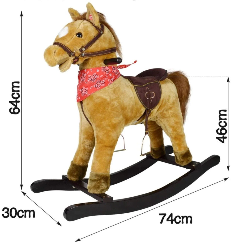 Cavallo a dondolo con effetti sonori e manici in legno carico massimo 50 kg per bambini da 1 anno peluche animale a dondolo marrone 01_0001107