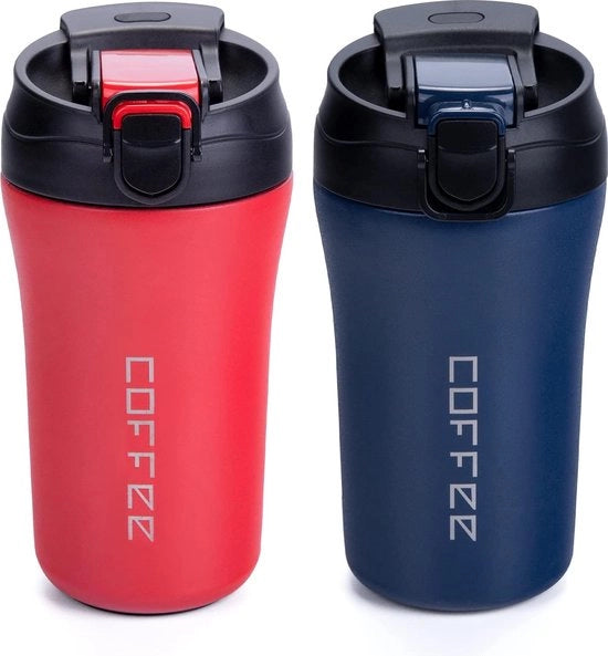 Termos da Viaggio, 400 ml, set di 2, acciaio inossidabile, ermetico, tazza da viaggio con manico, a doppio strato, per caffè, tè, vin caldo, caldo e freddo, rosso e blu