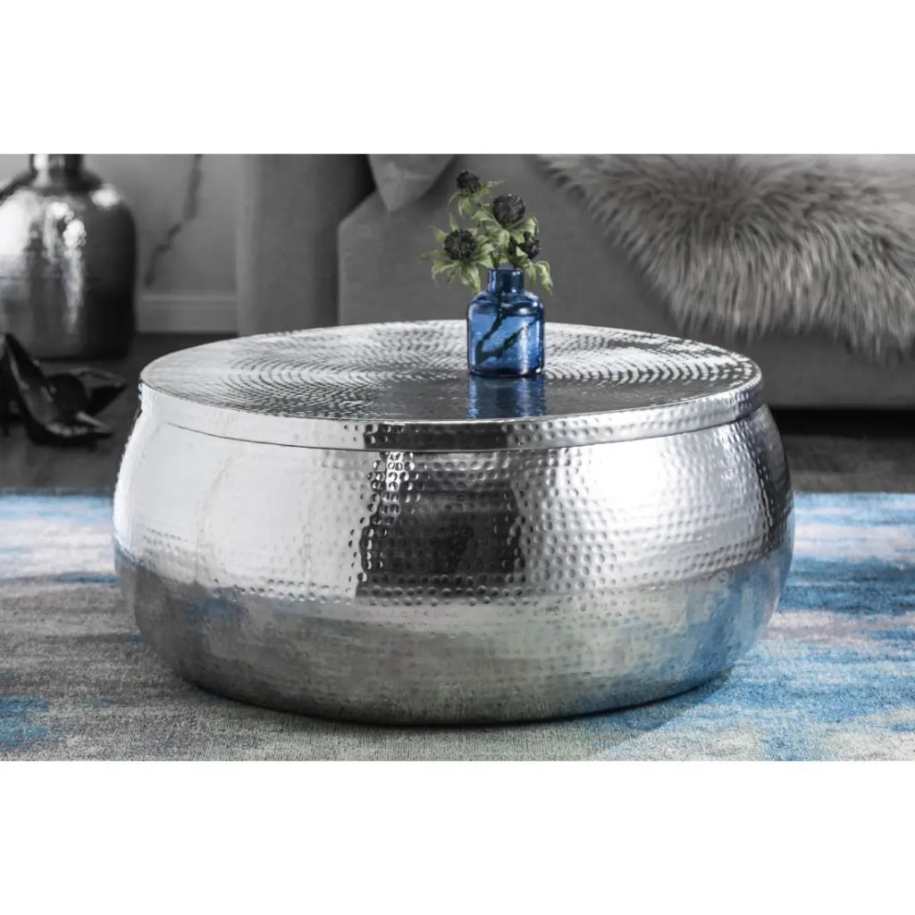 Tavolino basso TRIANE 70 cm argento martellato - Alluminio lucido effetto colpi di martello
