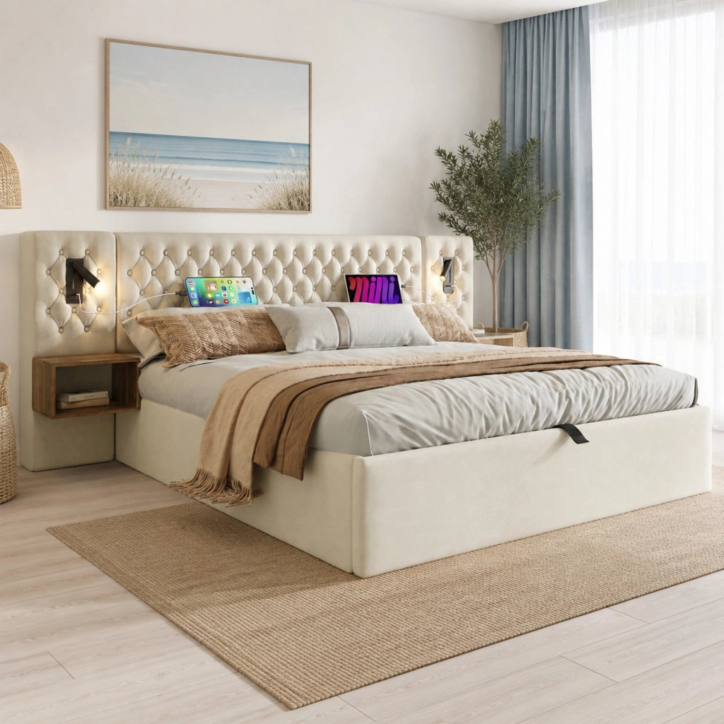 LETTO Contenitore 160x200 cm in Velluto Beige con 2 Comodini e Luci USB