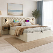 LETTO Contenitore 160x200 cm in Velluto Beige con 2 Comodini e Luci USB